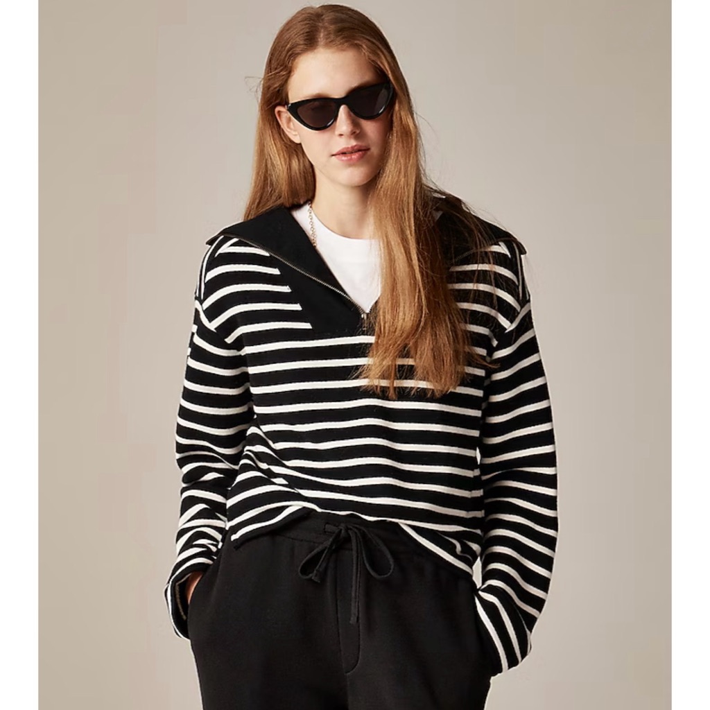 Nwt J. Crew Heritage Terry Quarter-Zip Sweatshirt Perfect Black Stripe